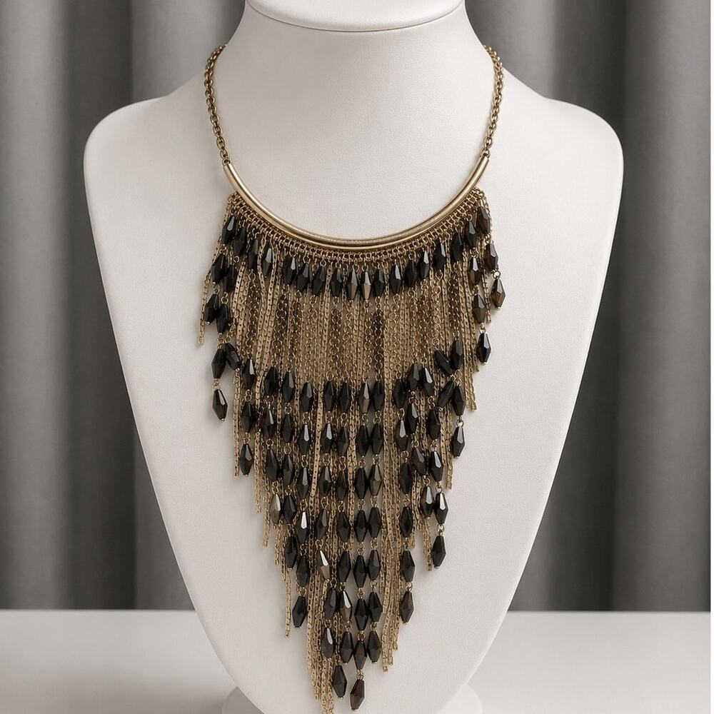Charming Charlie Gold Tone Chandelier Fringe Statement Necklace